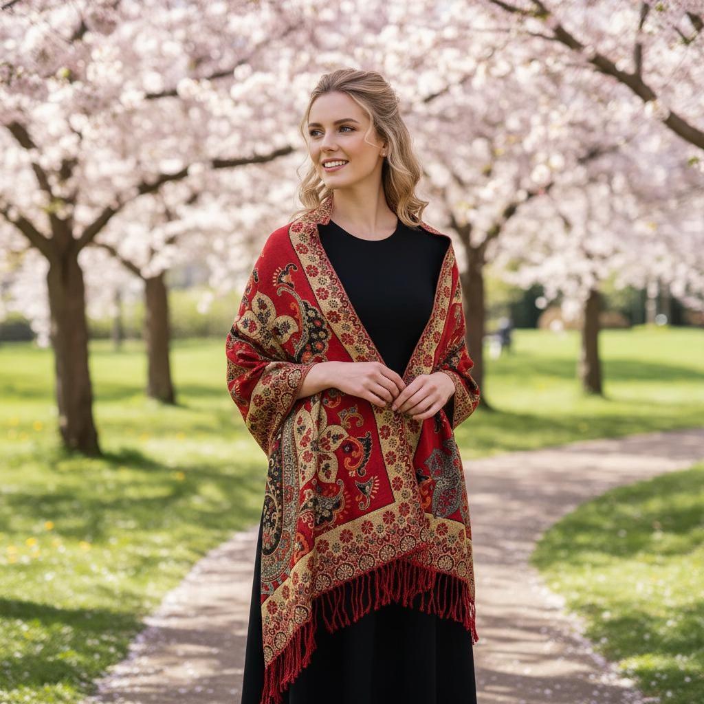 Red and Gold Pashmina Shawl & Scarf for Women, Jacquard Brocade, Stole or Wrap