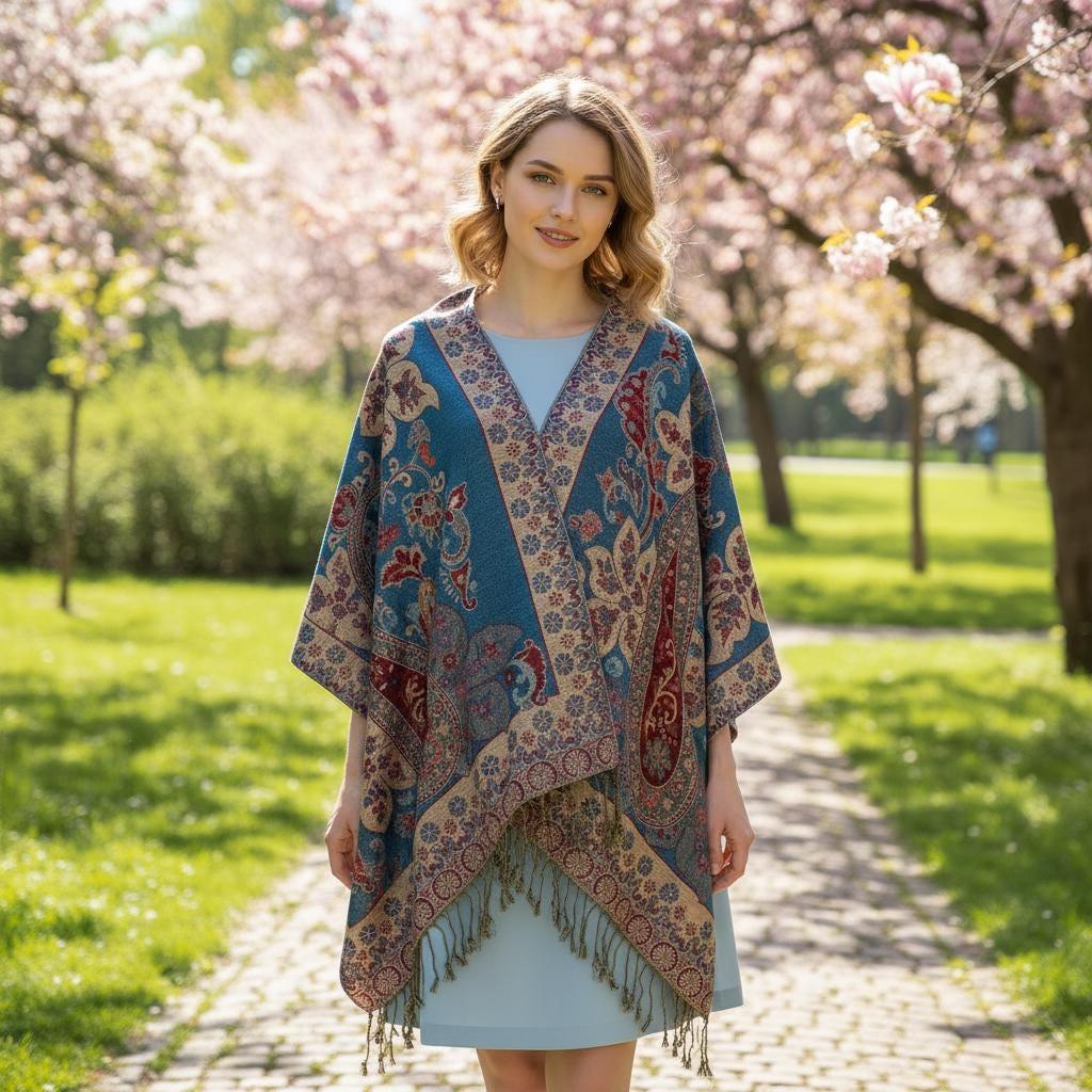 Aqua and Gold Pashmina Shawl & Scarf for Women, Jacquard Brocade, Shawl or Wrap