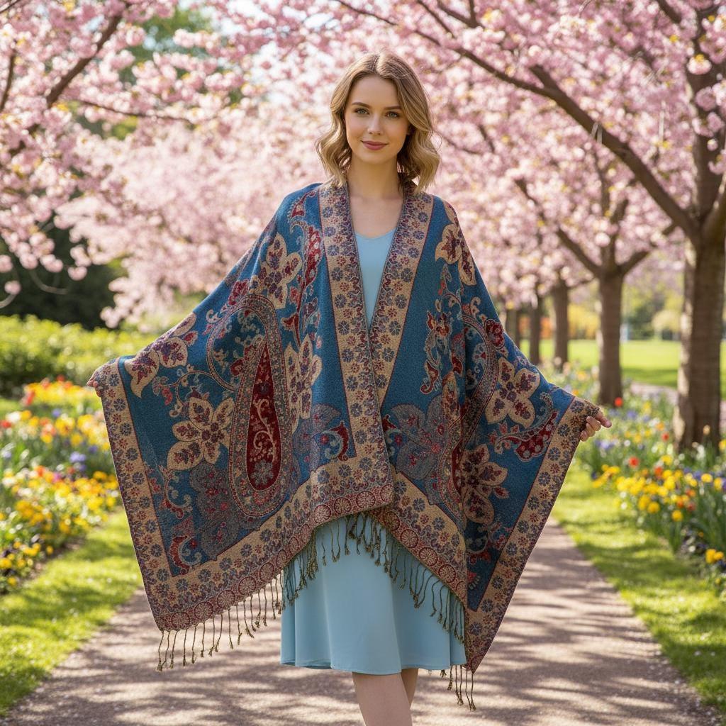 Aqua and Gold Pashmina Shawl & Scarf for Women, Jacquard Brocade, Shawl or Wrap