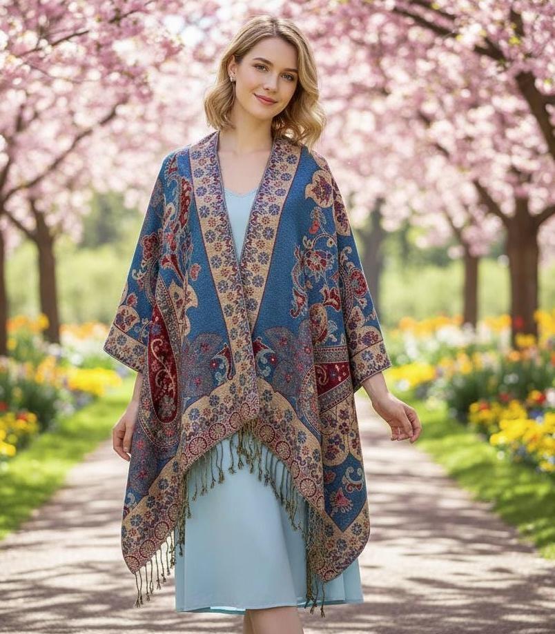 Aqua and Gold Pashmina Shawl & Scarf for Women, Jacquard Brocade, Shawl or Wrap