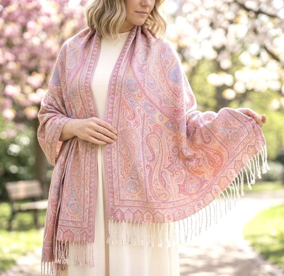 Soft Pashmina Shawl & Scarf for Women, Jacquard Brocade, Lightweight Blanket Shawl