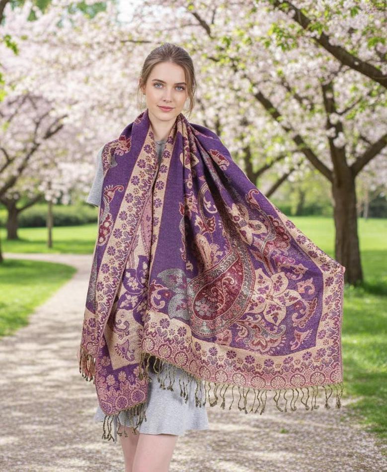 Reversible Soft Pashmina Shawl & Scarf for Women, Jacquard Brocade, Shawl, Sarong or Head Wraps