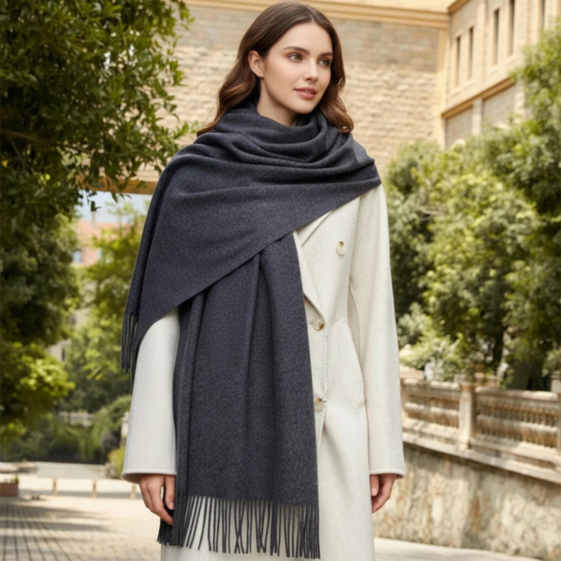 Dark Grey Blanket Shawl - Thick Cashmere Wool Blend - Super Soft Wrap