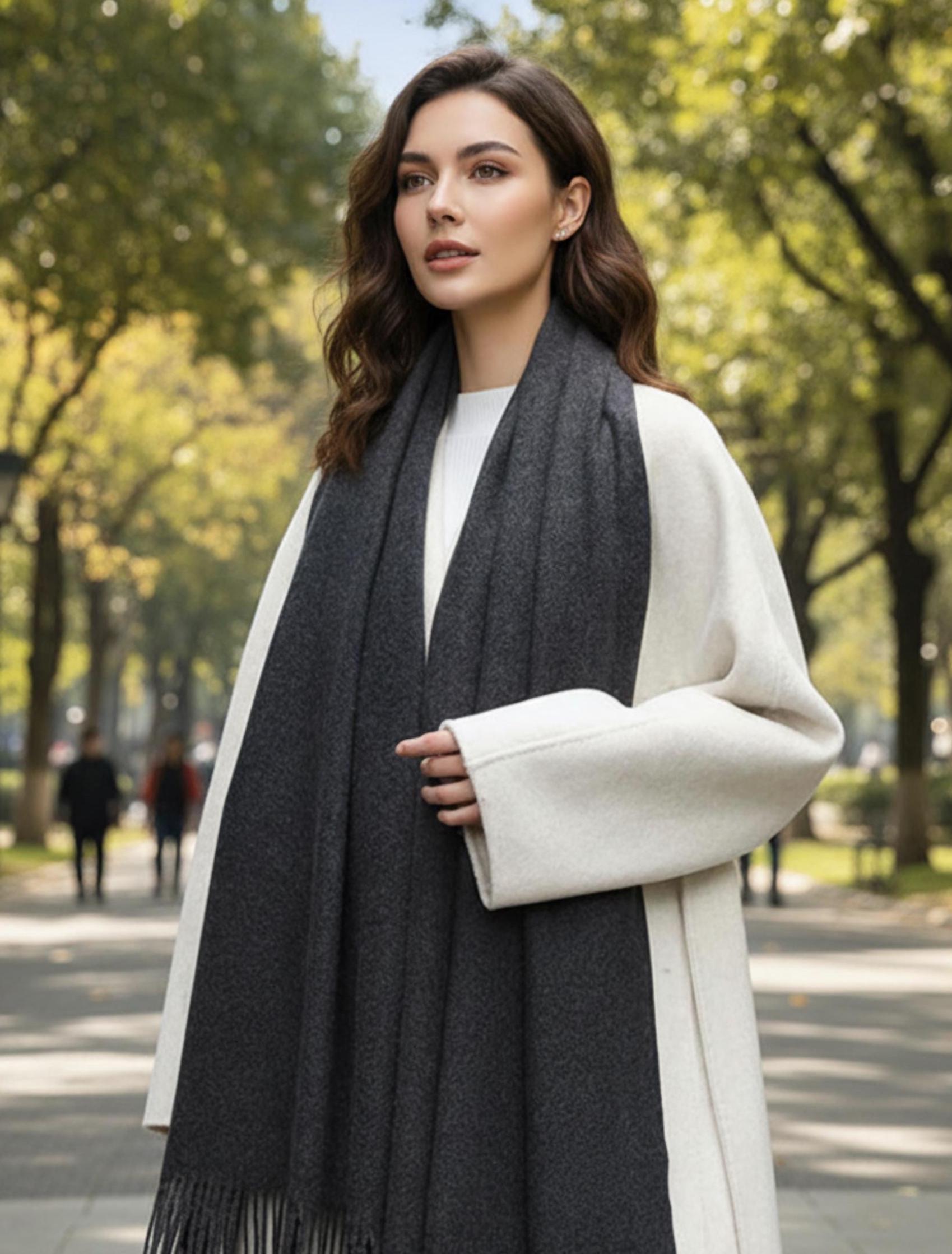 Dark Grey Blanket Shawl - Thick Cashmere Wool Blend - Super Soft Wrap
