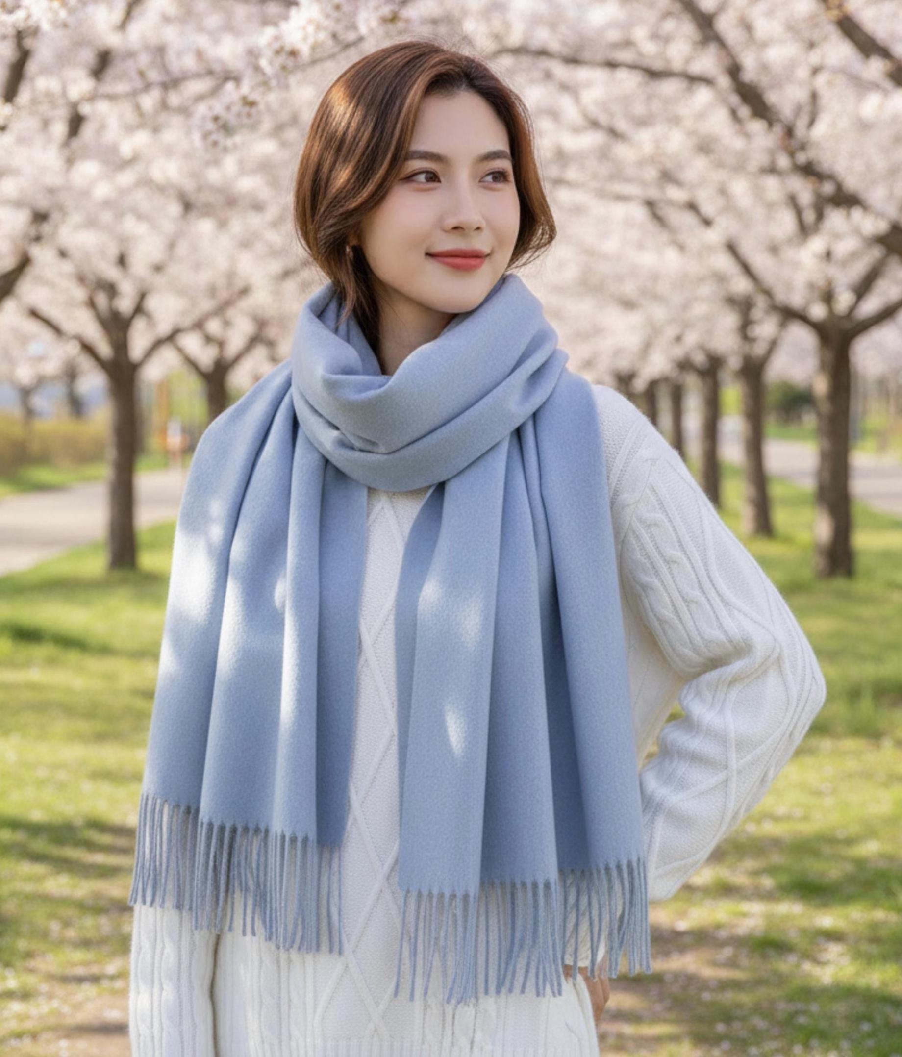 Light Blue Blanket Shawl - Thick Cashmere Wool Blend - Super Soft Wrap