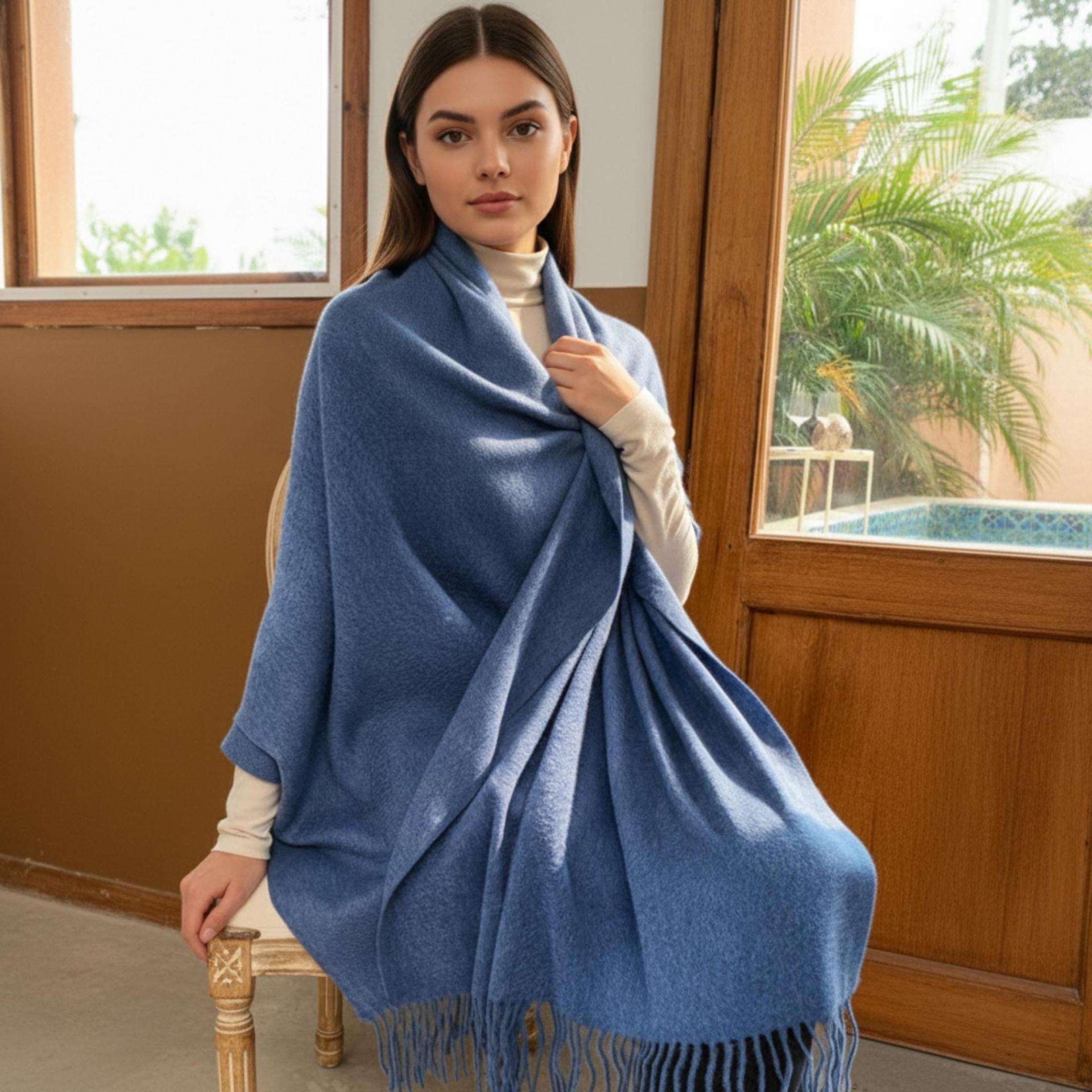 Denim Blue Blanket Shawl - Thick Cashmere Wool Blend - Super Soft Wrap