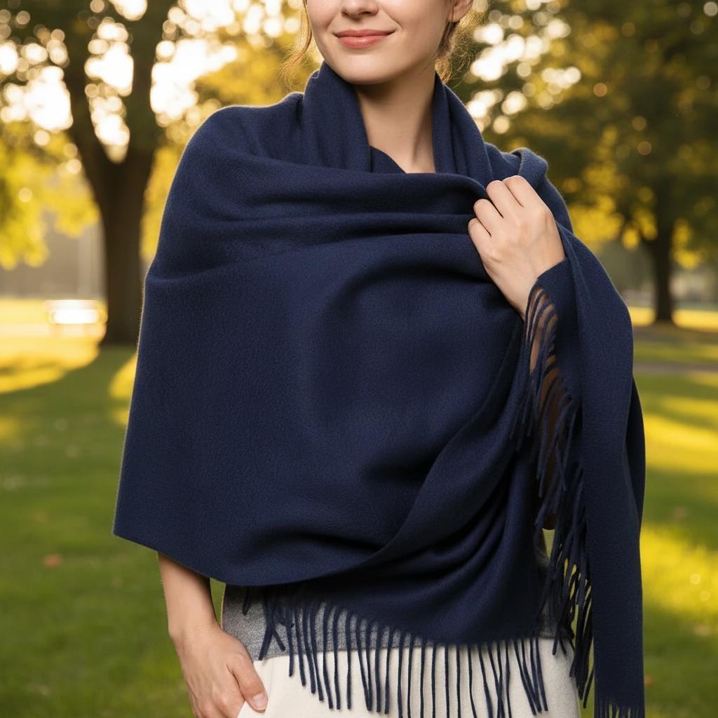 Navy Blue Blanket Shawl - Thick Cashmere Wool Blend - Super Soft Wrap
