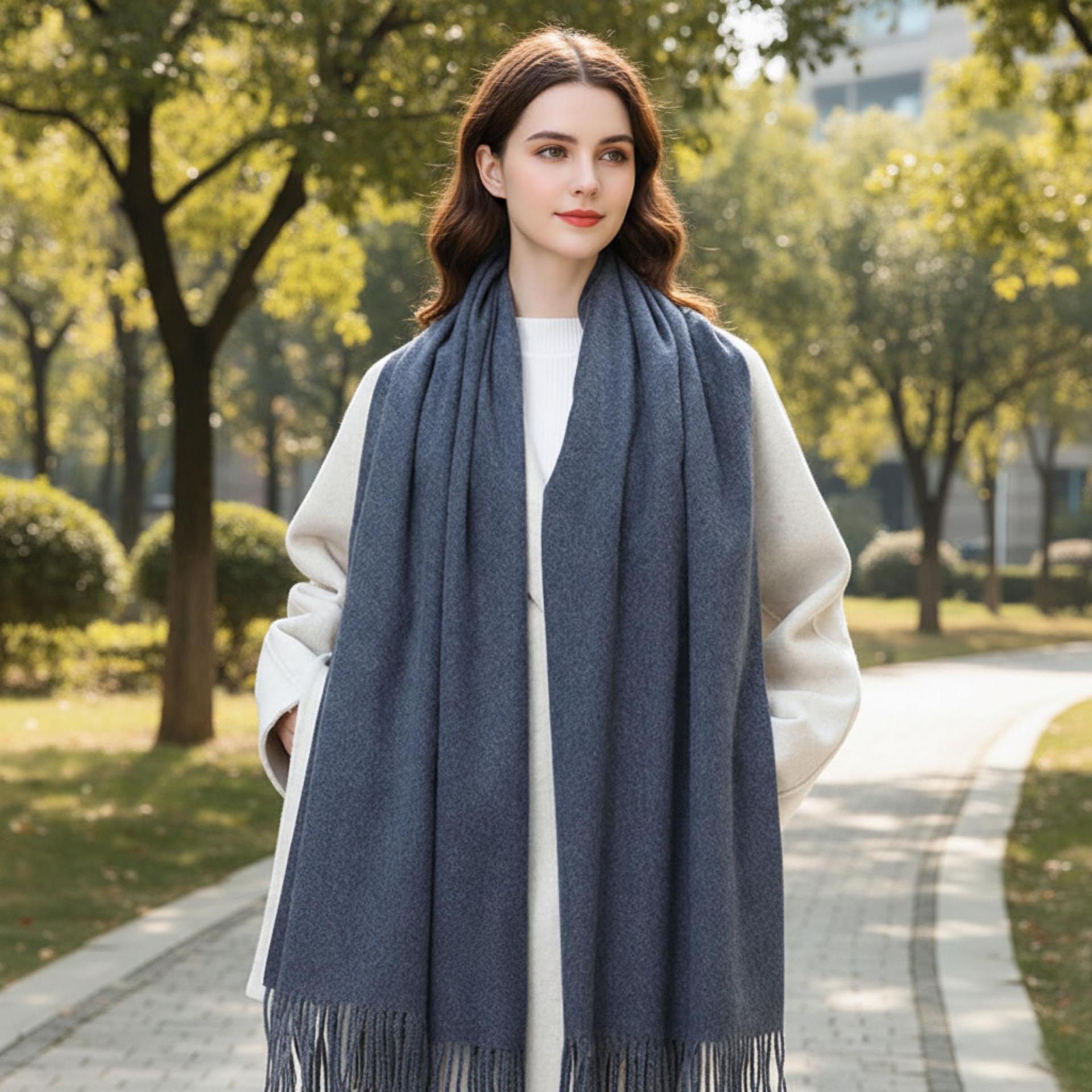 Heather Navy Blanket Shawl - Thick Wide Scarf - Super Soft Wrap