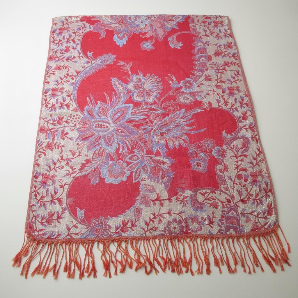 Red and Gold Pashmina Shawl & Scarf for Women, Jacquard Brocade, Stole or Wrap