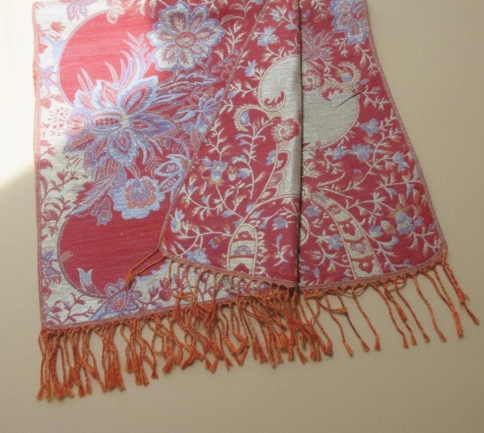 Red and Gold Pashmina Shawl & Scarf for Women, Jacquard Brocade, Stole or Wrap