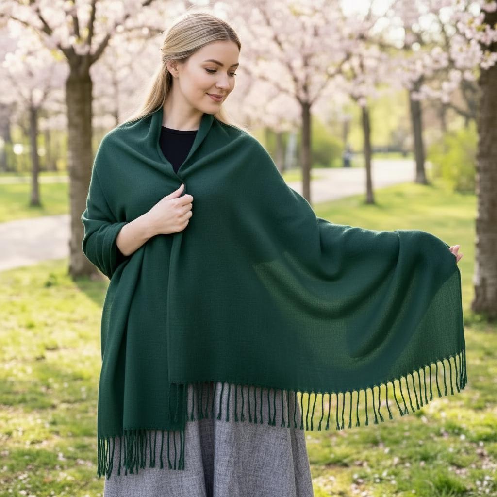 Emerald Green Pashmina, Blanket Shawl - Lightweight Wide Scarf and Wrap