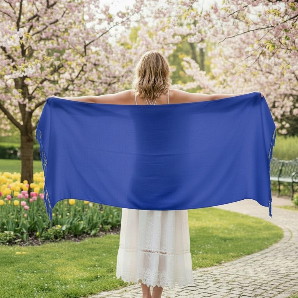 Blue Pashmina, Blanket Shawl - Lightweight Wide Scarf and Wrap