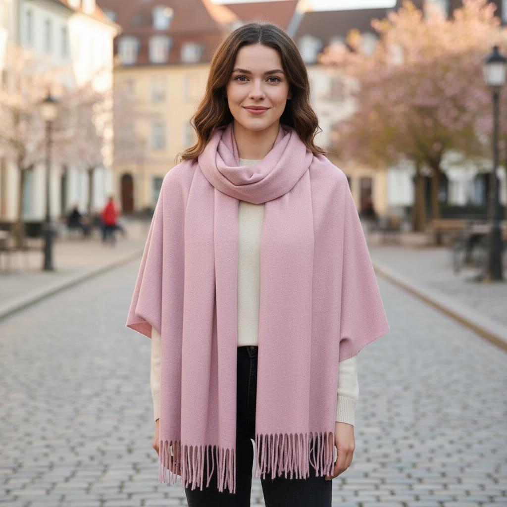 Pink Blanket Shawl - Thick Cashmere Wool Blend - Super Soft Wrap