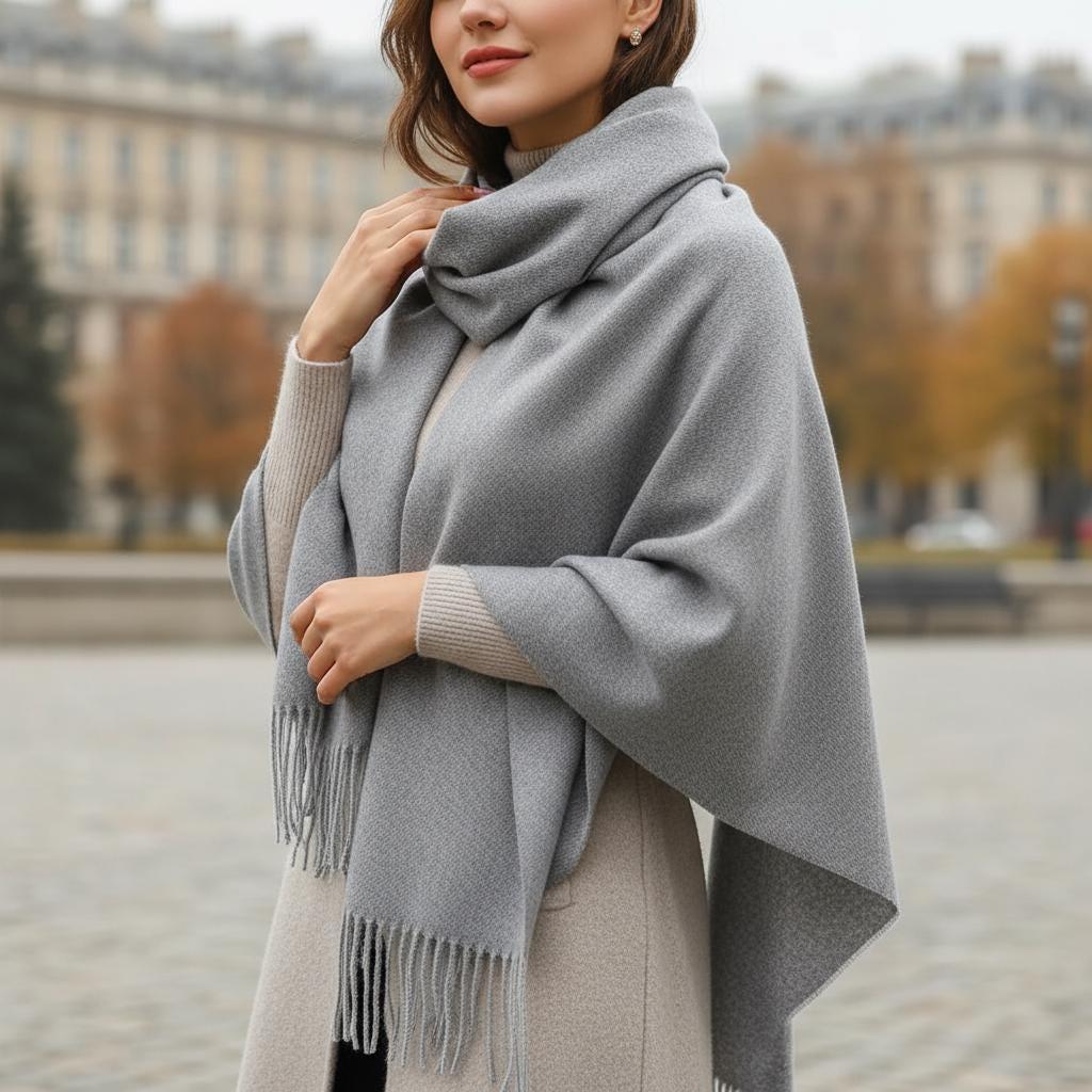 Grey Blanket Shawl - Thick Cashmere Wool Blend - Super Soft Wrap