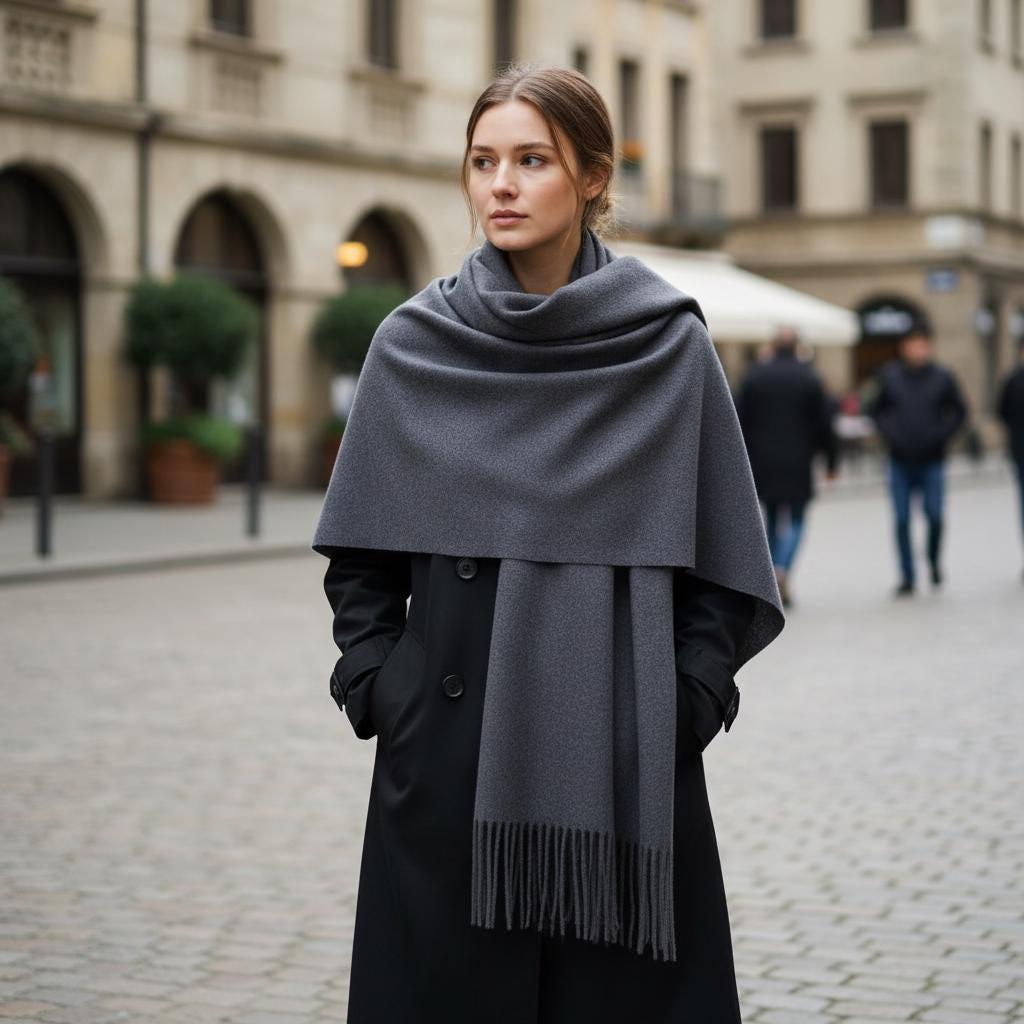 Dark Grey Blanket Shawl - Thick Cashmere Wool Blend - Super Soft Wrap