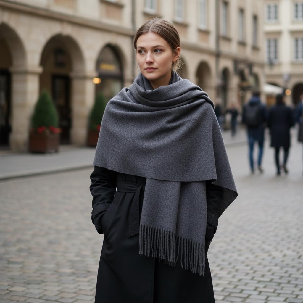 Dark Grey Blanket Shawl - Thick Cashmere Wool Blend - Super Soft Wrap