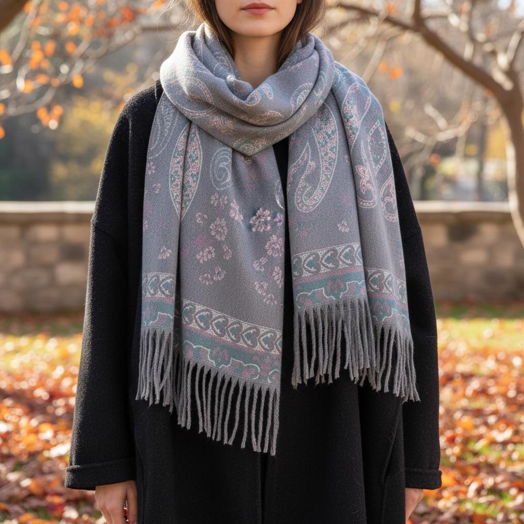 Thick Pashmina Shawl & Scarf for Women, Jacquard Brocade, Blanket Shawl, Wrap