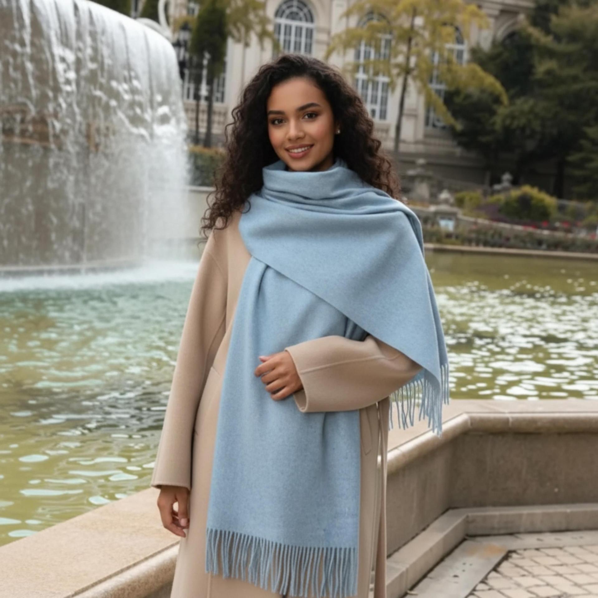 Light Blue Blanket Shawl - Thick Cashmere Wool Blend - Super Soft Wrap