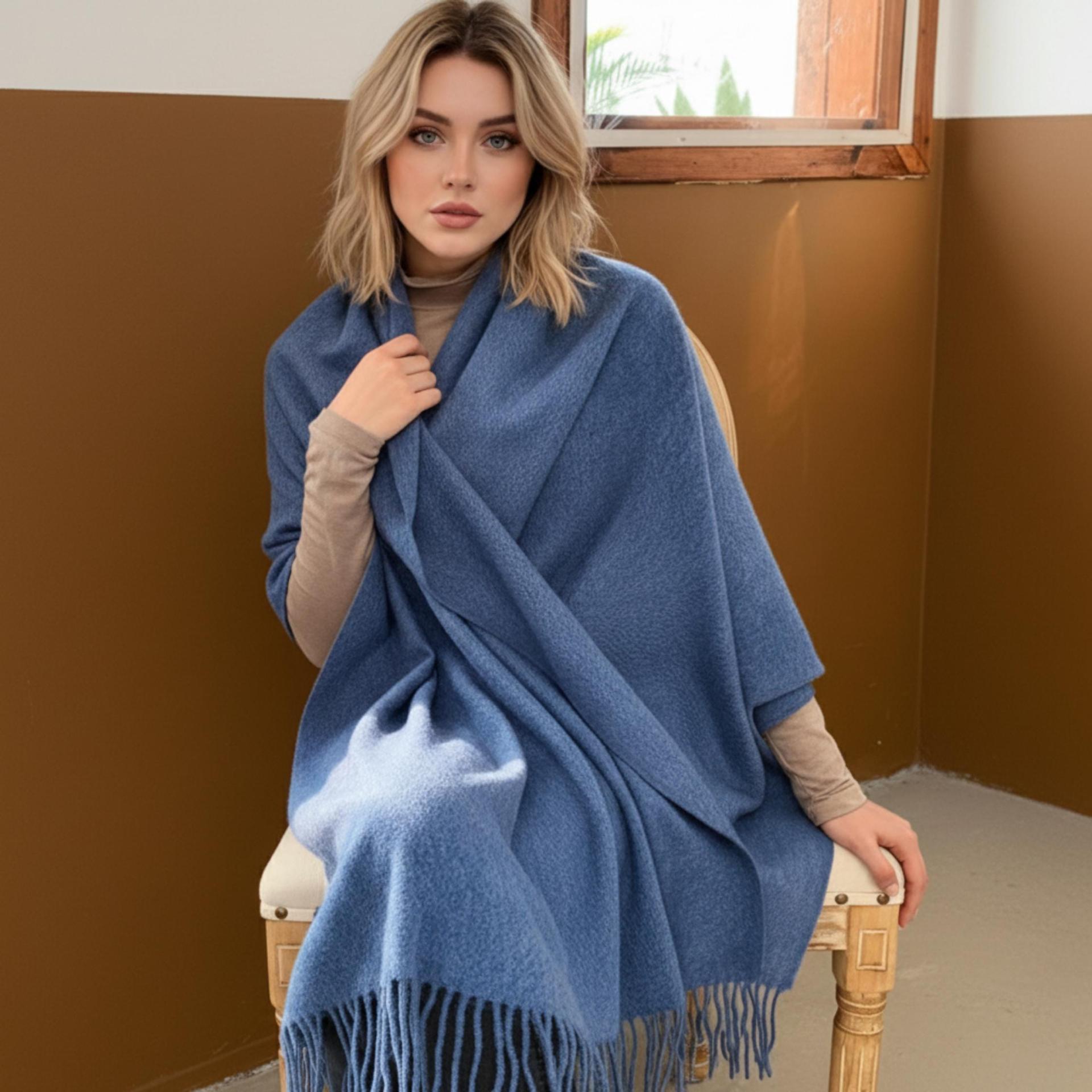 Denim Blue Blanket Shawl - Super Soft Pashmina Wide Scarf