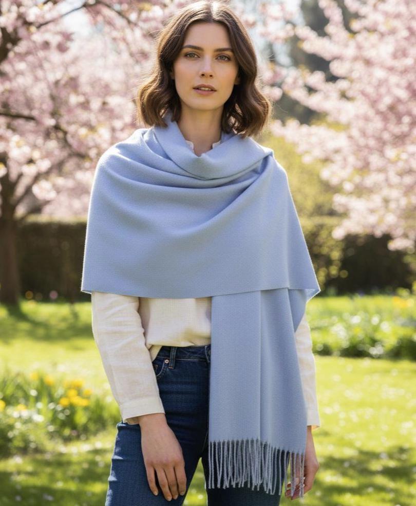 Light Blue Pashmina, Blanket Shawl - Lightweight Wide Scarf and Wrap