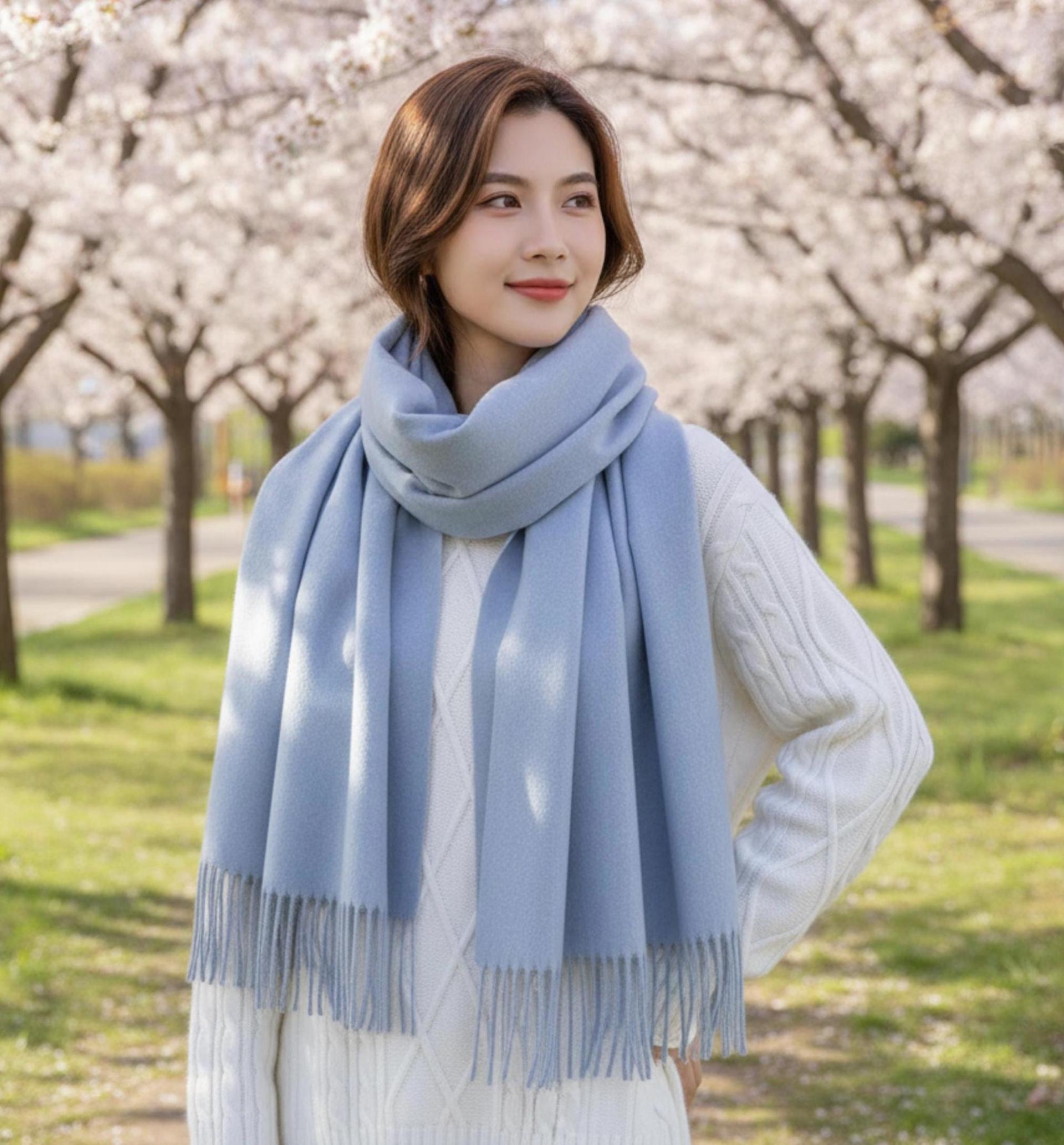 Light Blue Pashmina, Blanket Shawl - Lightweight Wide Scarf and Wrap