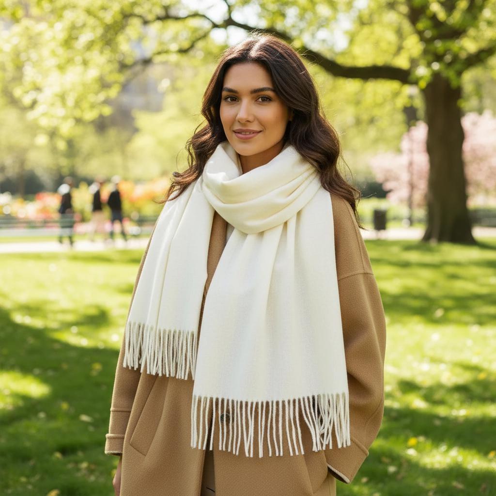 Creamy White Pashmina, Blanket Shawl - Lightweight Wide Scarf and Wrap