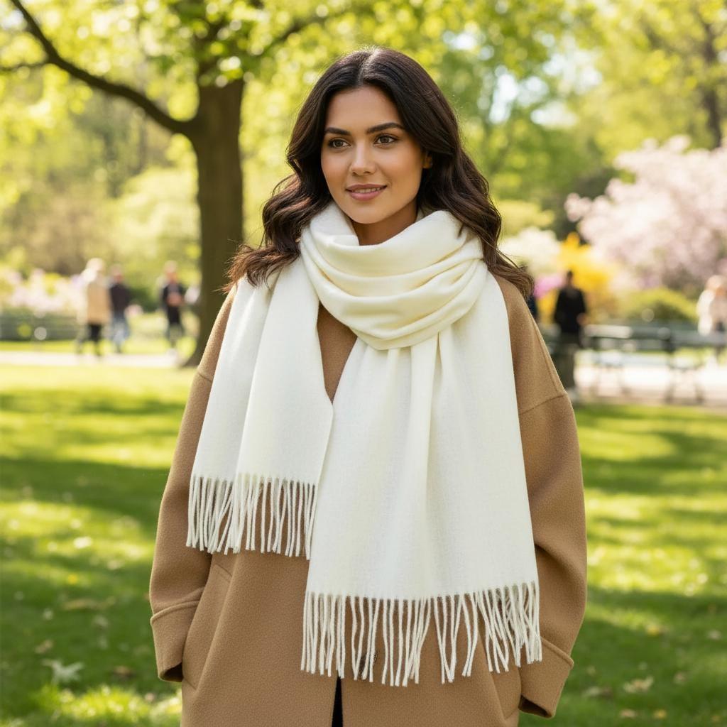 Creamy White Pashmina, Blanket Shawl - Lightweight Wide Scarf and Wrap