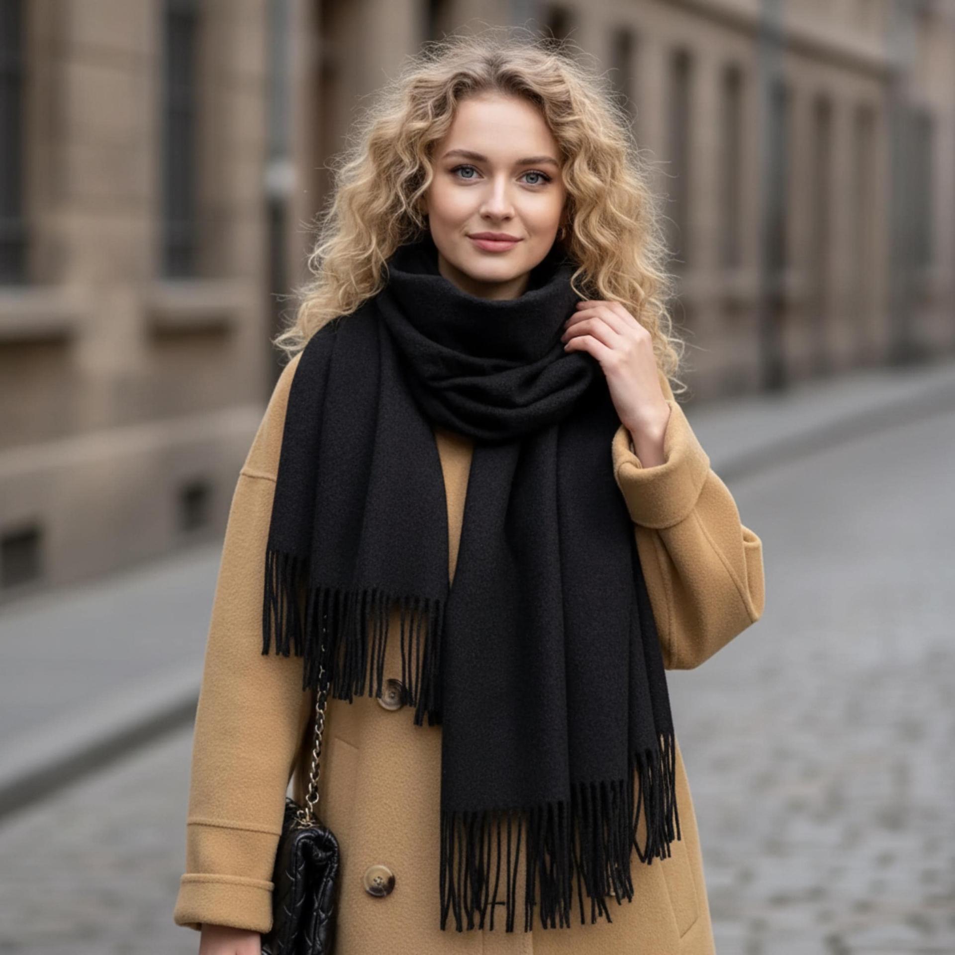 Black Blanket Shawl - Thick Cashmere Wool Blend - Super Soft Wrap