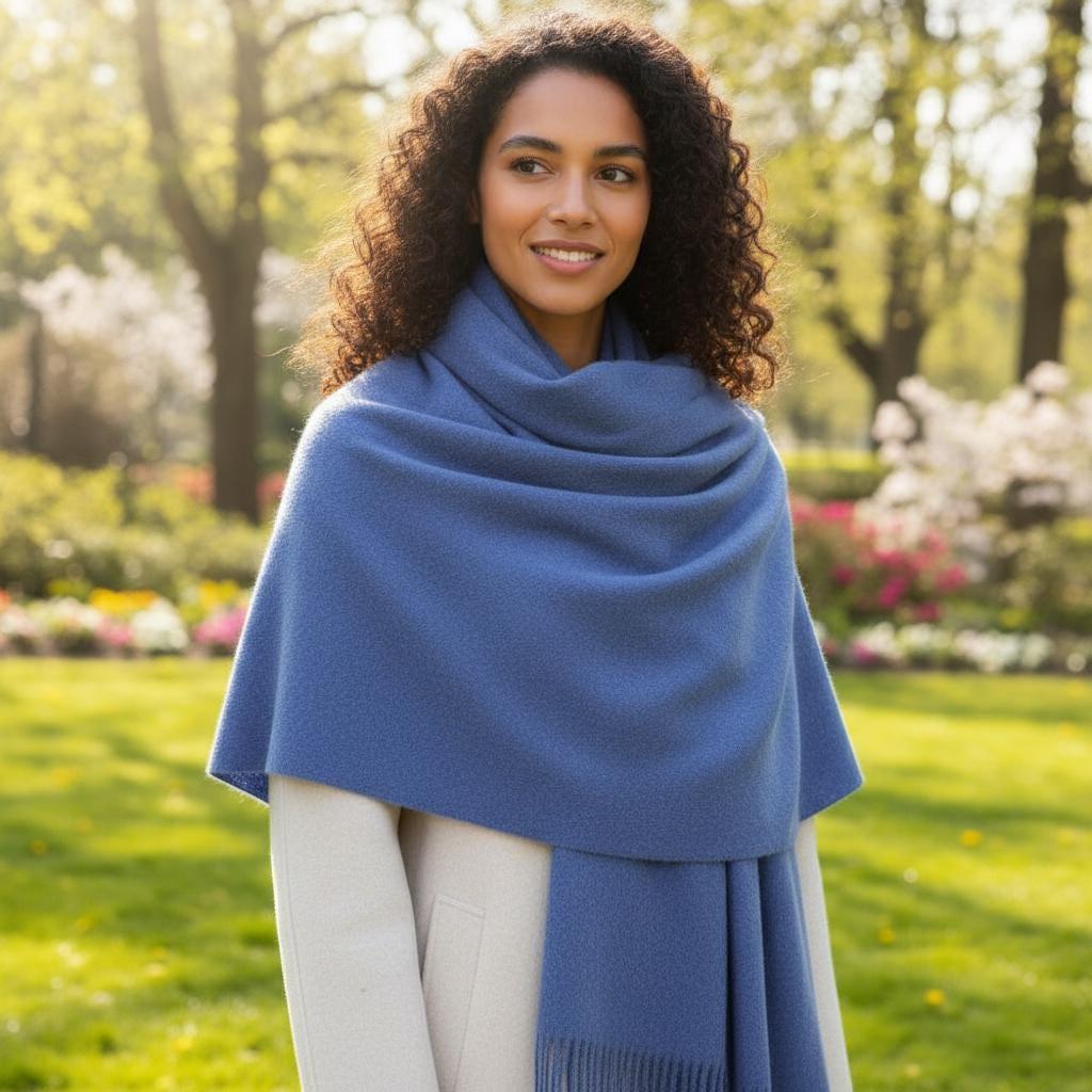 Denim Blue Blanket Shawl - Thick Cashmere Wool Blend - Super Soft Wrap