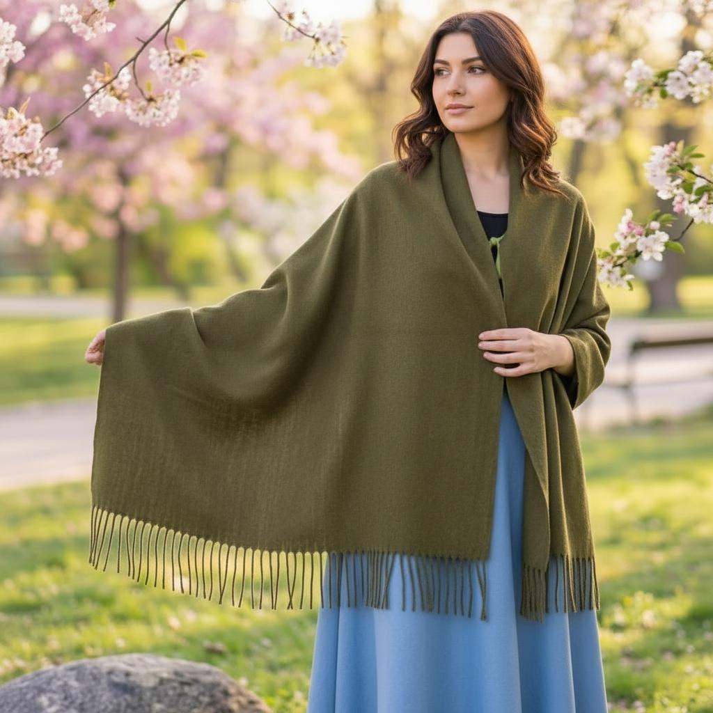 Forest Green Blanket Shawl - Thick Cashmere Wool Blend - Super Soft Wrap