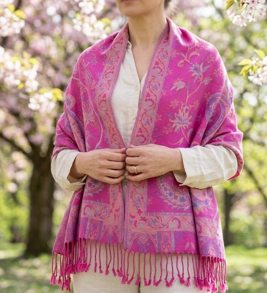 Reversible Soft Pashmina Shawl & Scarf for Women, Jacquard Brocade, Shawl, Sarong or Head Wraps