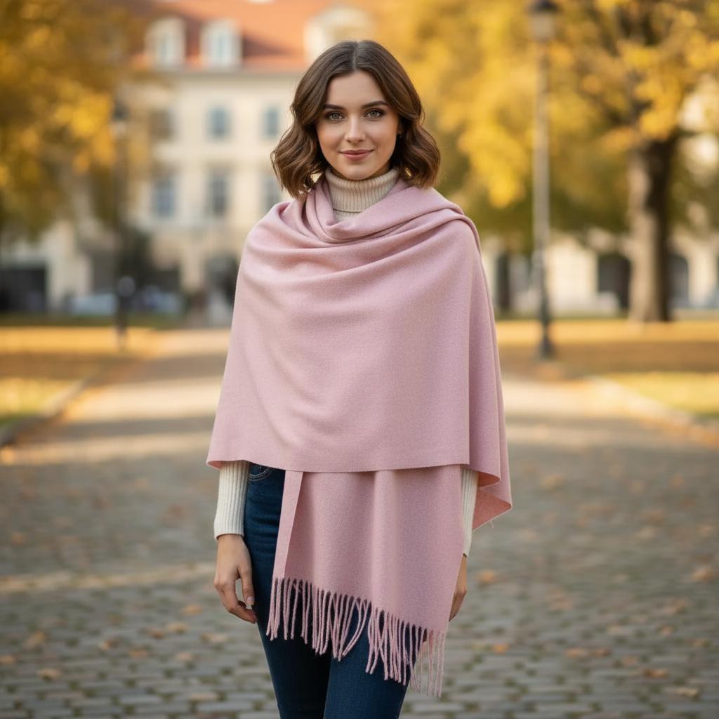 Pink Blanket Shawl - Thick Cashmere Wool Blend - Super Soft Wrap