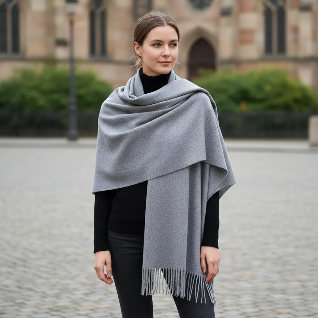 Grey Blanket Shawl - Thick Cashmere Wool Blend - Super Soft Wrap