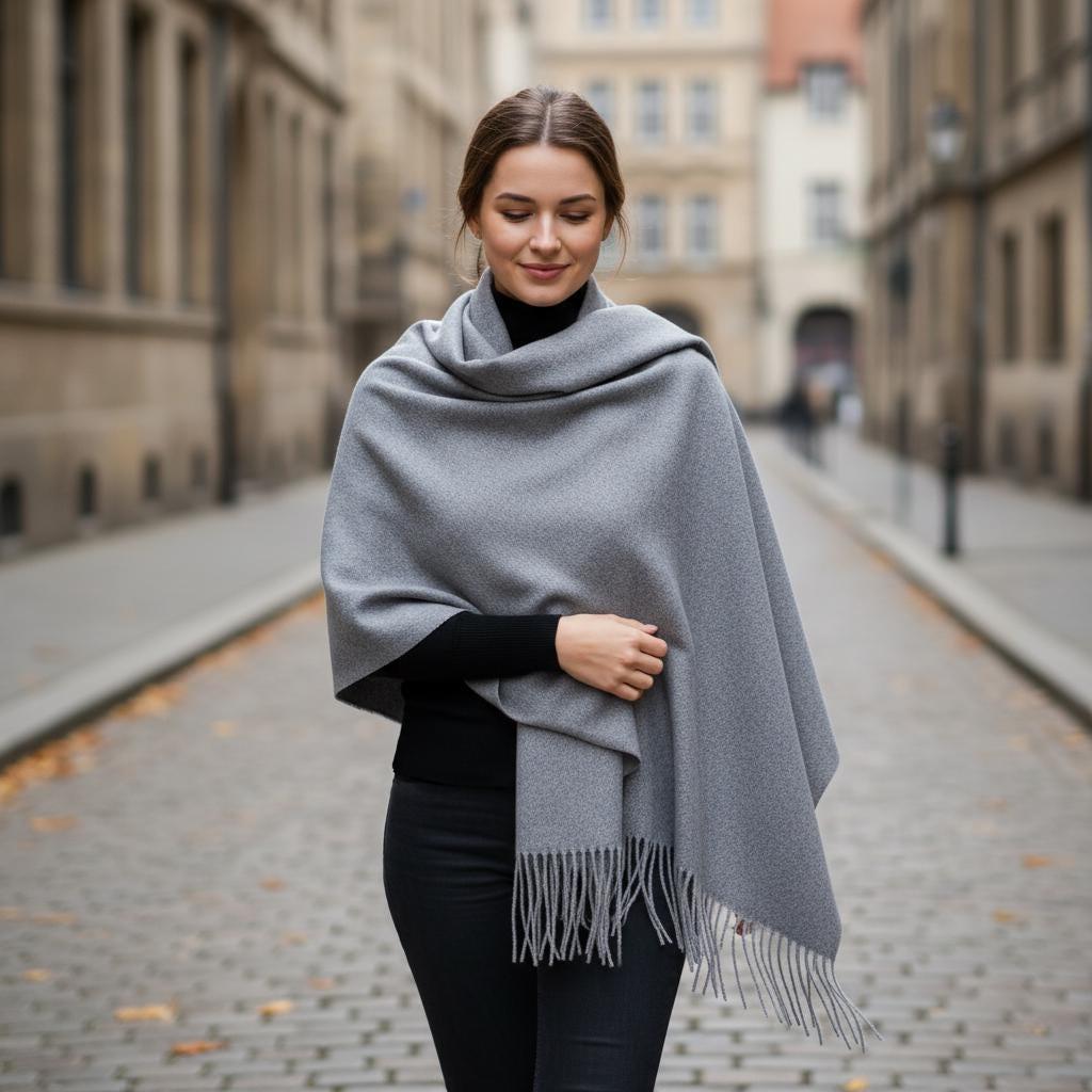 Grey Blanket Shawl - Thick Cashmere Wool Blend - Super Soft Wrap