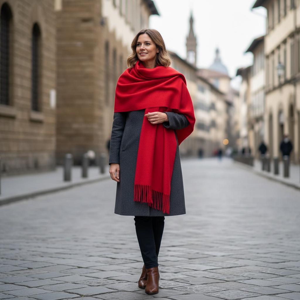 Red Blanket Shawl - Thick Cashmere Wool Blend - Super Soft Wrap