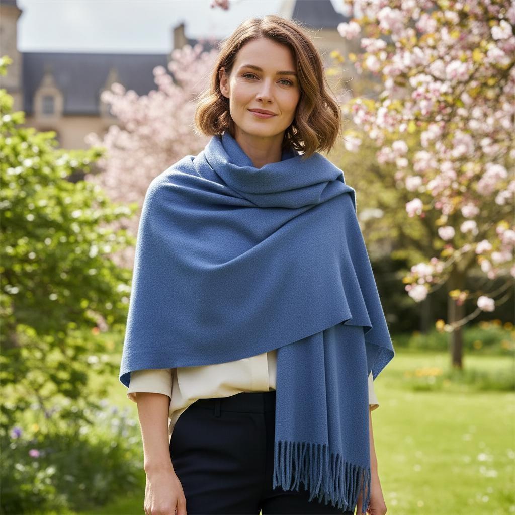 Denim Blue Blanket Shawl - Thick Cashmere Wool Blend - Super Soft Wrap