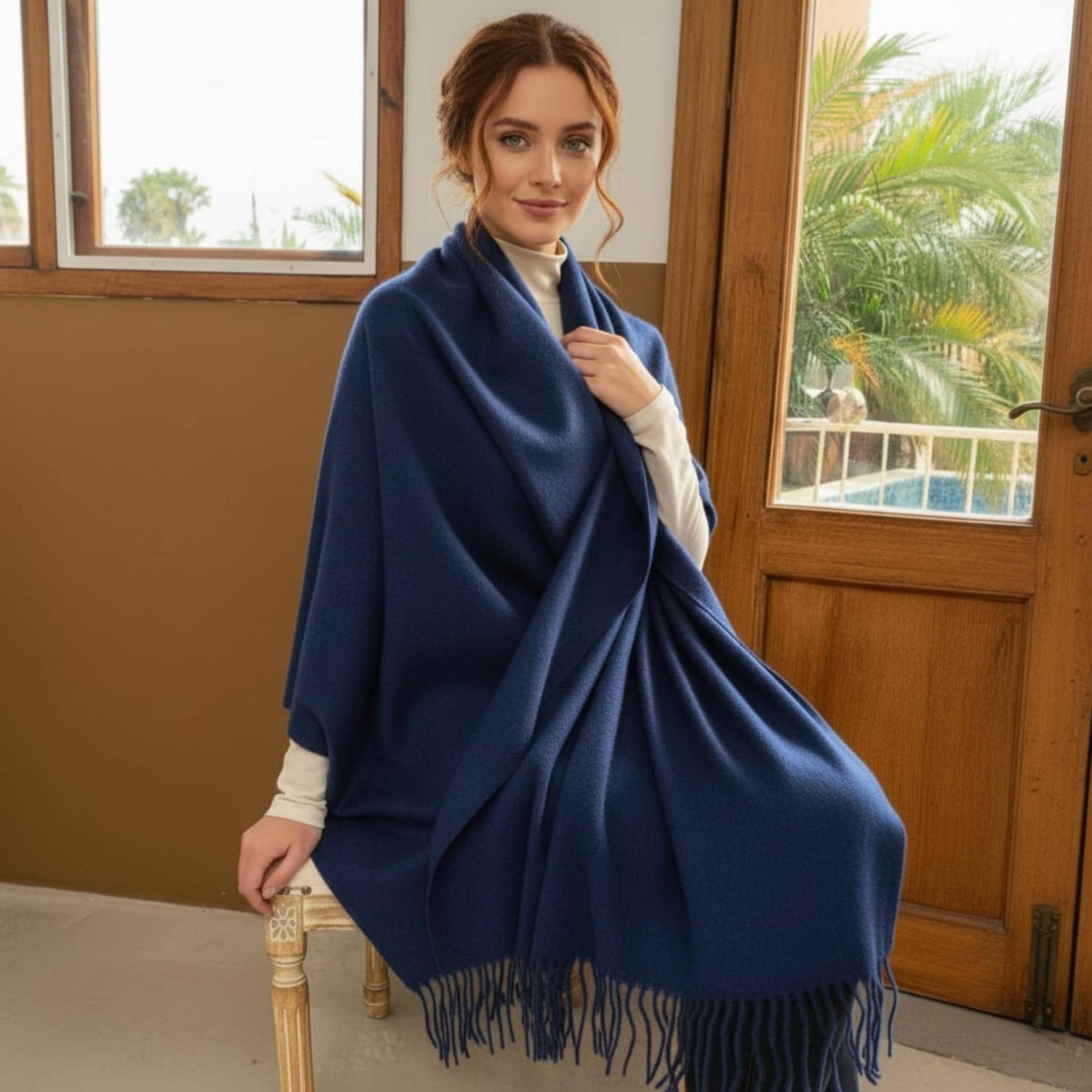 Navy Blanket Shawl - Thick Cashmere Wool Blend - Super Soft Wrap