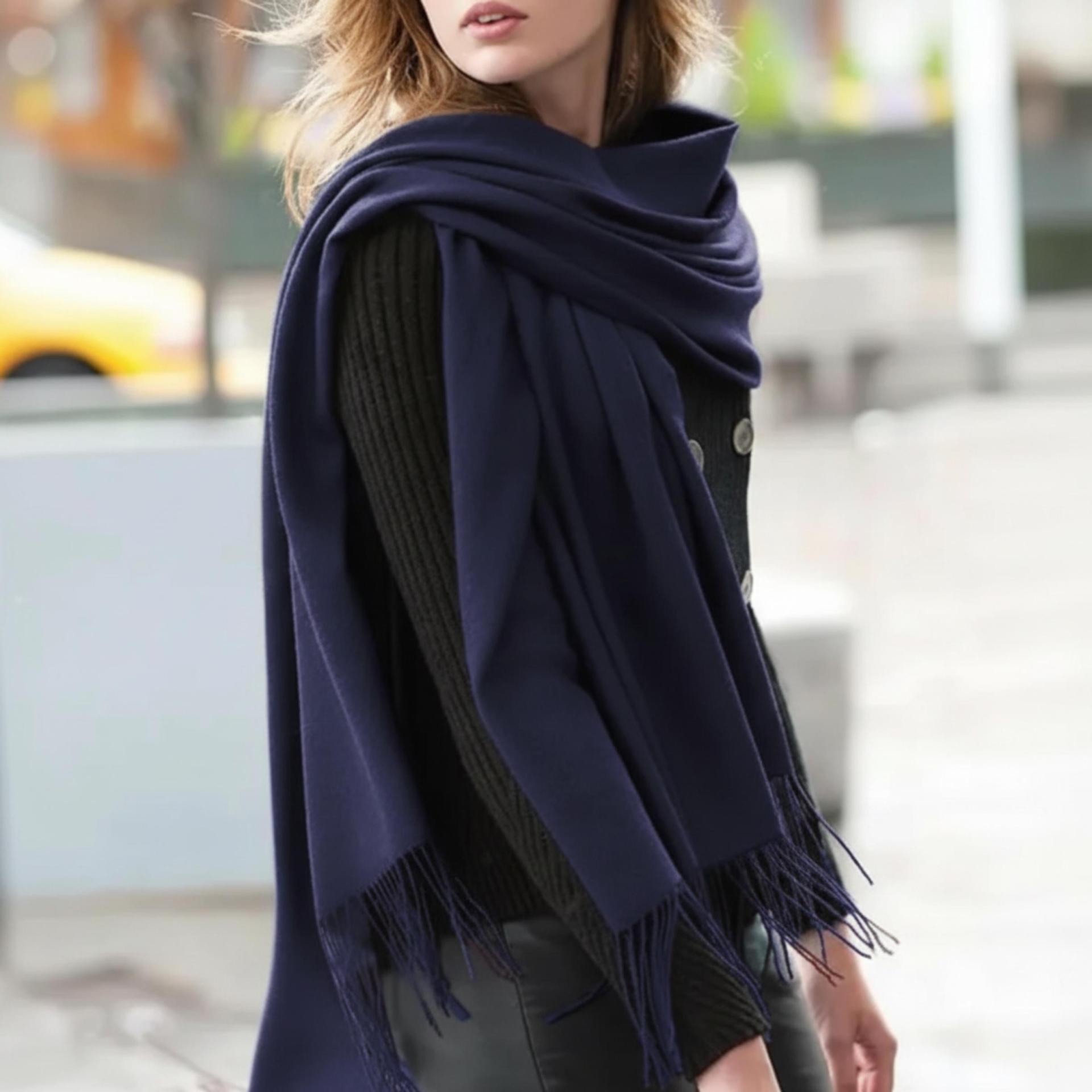 Navy Blanket Shawl - Thick Cashmere Wool Blend - Super Soft Wrap