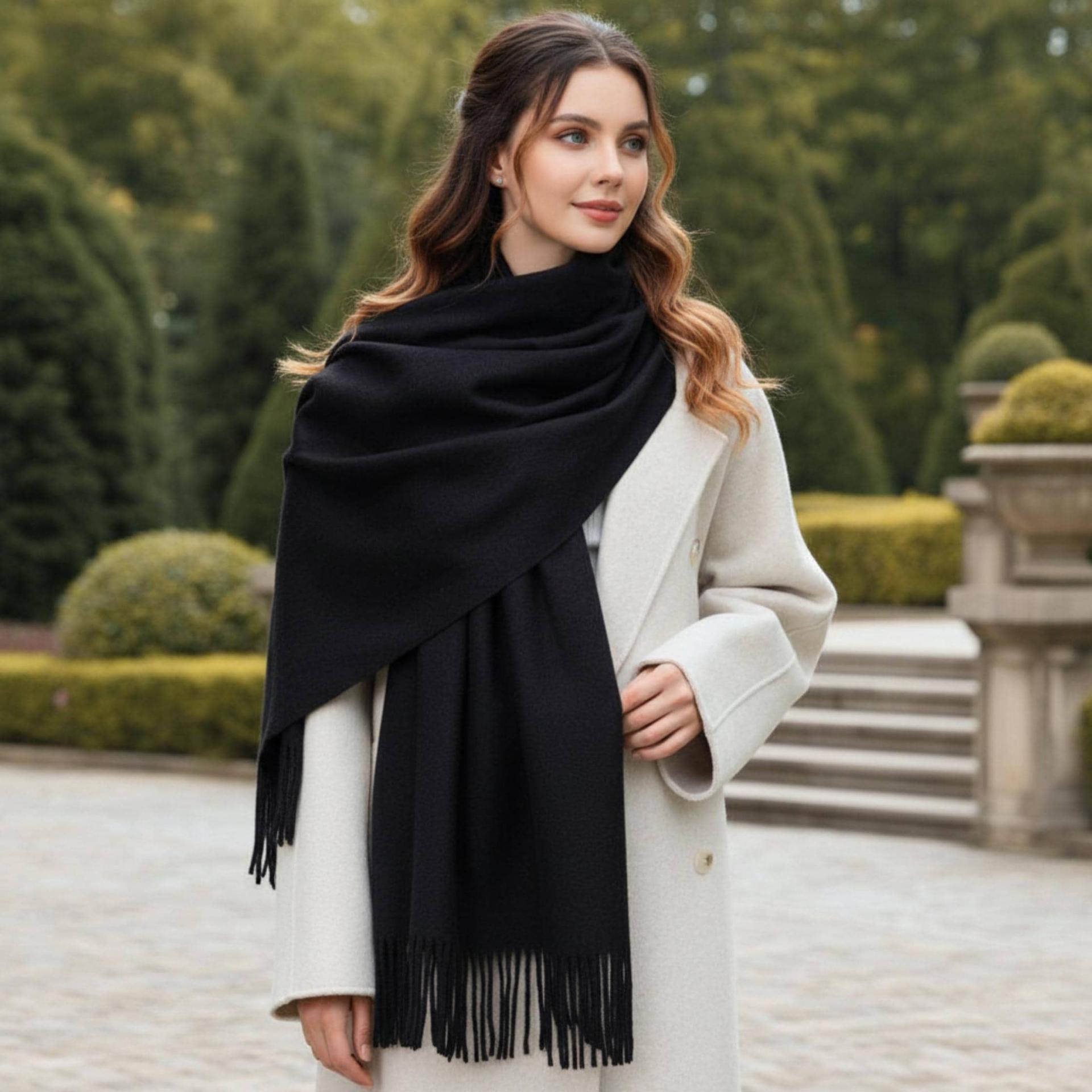 Black Blanket Shawl - Thick Wide Scarf - Pashmina Super Soft Wrap