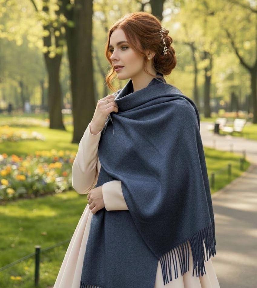 Heather Navy Blanket Shawl - Thick Wide Scarf - Pashmina Super Soft Wrap