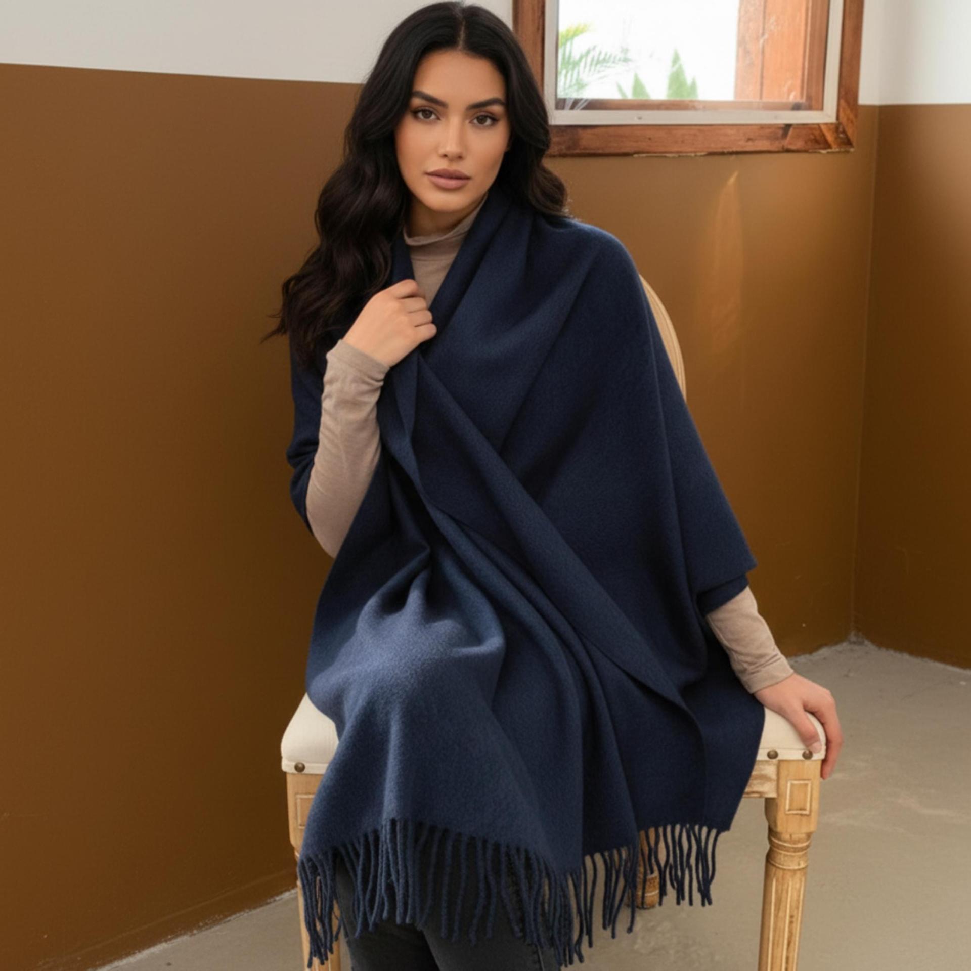 Navy Blue Blanket Shawl - Thick Wide Scarf - Pashmina Super Soft Wrap