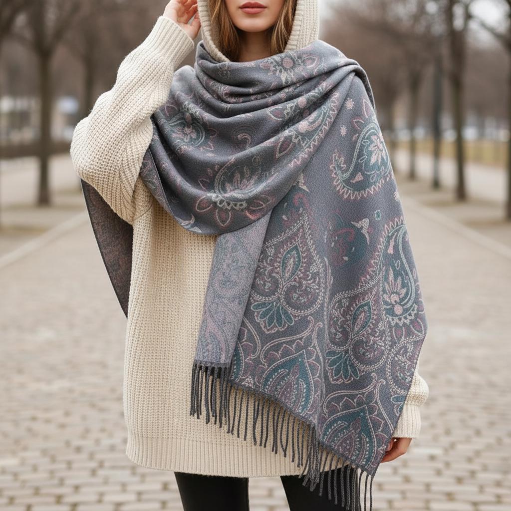 Thick Pashmina Shawl & Scarf for Women, Jacquard Brocade, Blanket Shawl, Wrap