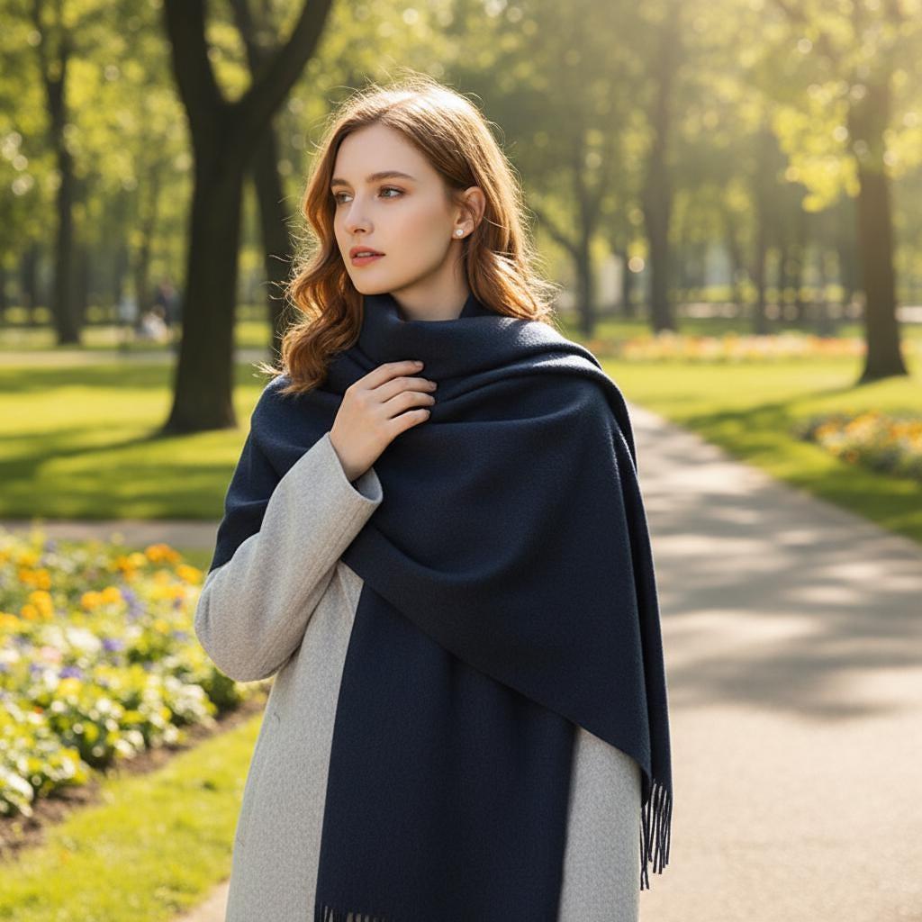 Navy Blue Blanket Shawl - Thick Wide Scarf - Pashmina Super Soft Wrap