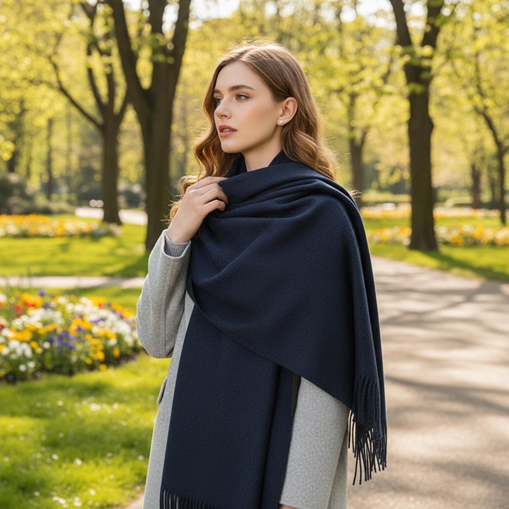 Navy Blue Blanket Shawl - Thick Wide Scarf - Pashmina Super Soft Wrap