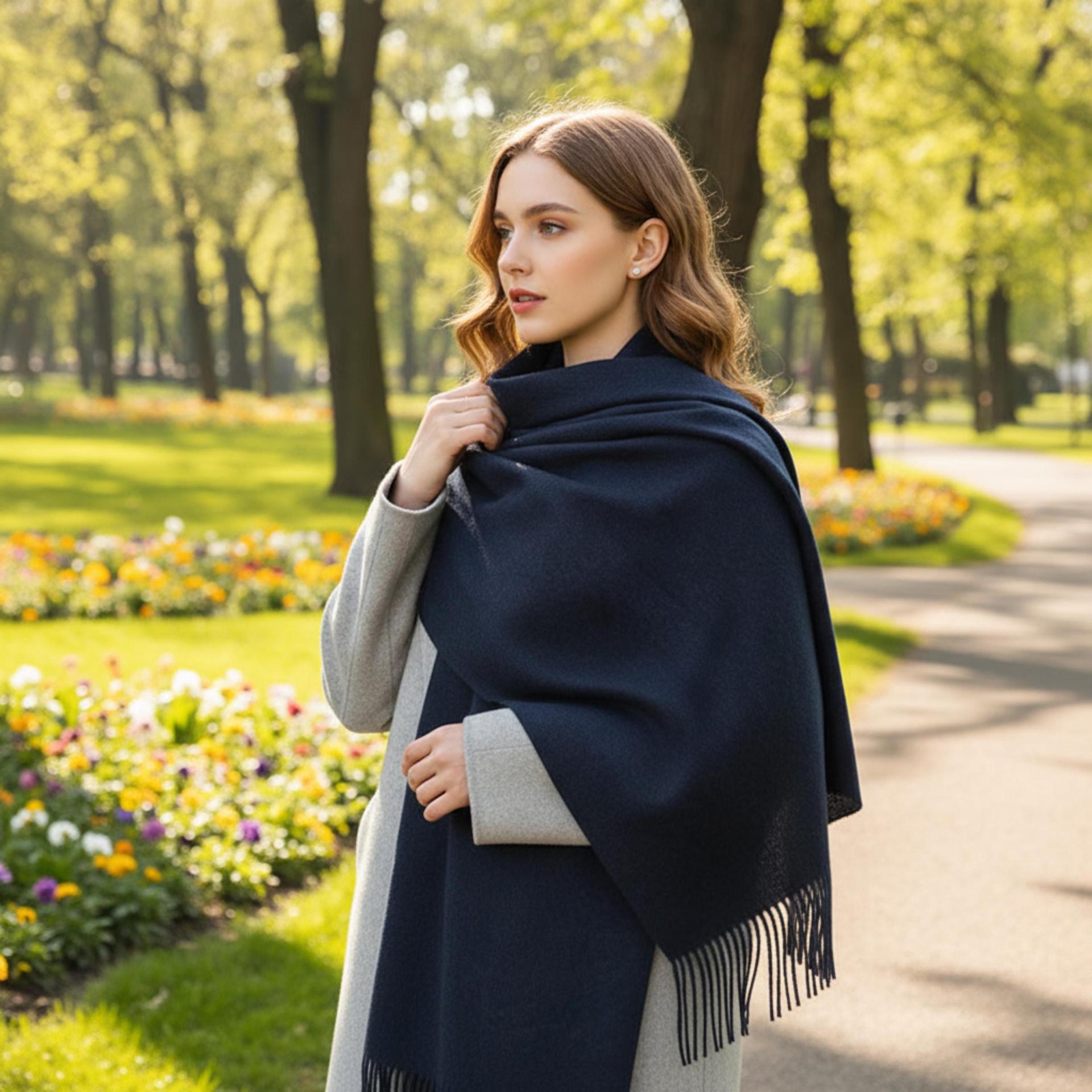 Navy Blue Blanket Shawl - Thick Wide Scarf - Pashmina Super Soft Wrap