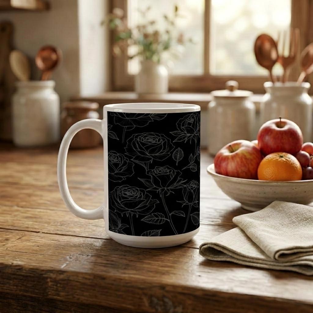 Roses, Dark Floral Large and Small Cups, 11oz and 15oz Ceramic Mug Set
