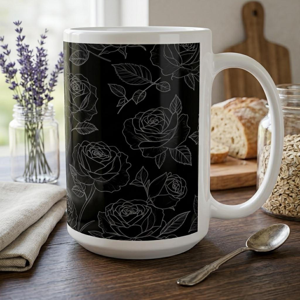 Roses, Dark Floral Large and Small Cups, 11oz and 15oz Ceramic Mug Set