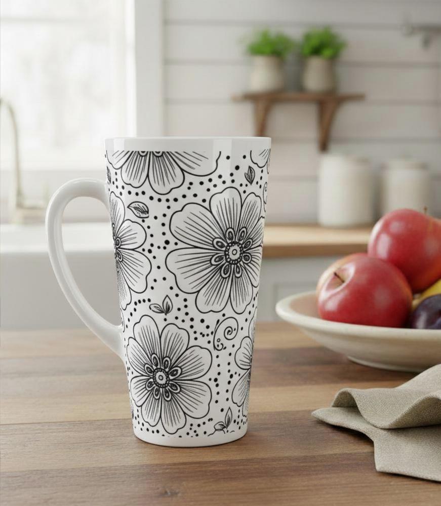 Set of 3 Cups, Floral, 17oz Latte Ceramic Mugs Set - Extra Tall Cup Set