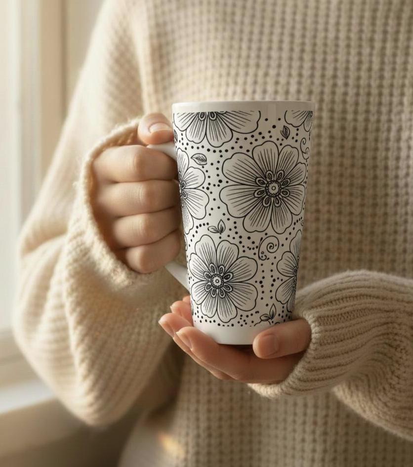Set of 3 Cups, Floral, 17oz Latte Ceramic Mugs Set - Extra Tall Cup Set