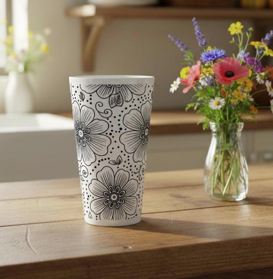 Set of 3 Cups, Floral, 17oz Latte Ceramic Mugs Set - Extra Tall Cup Set